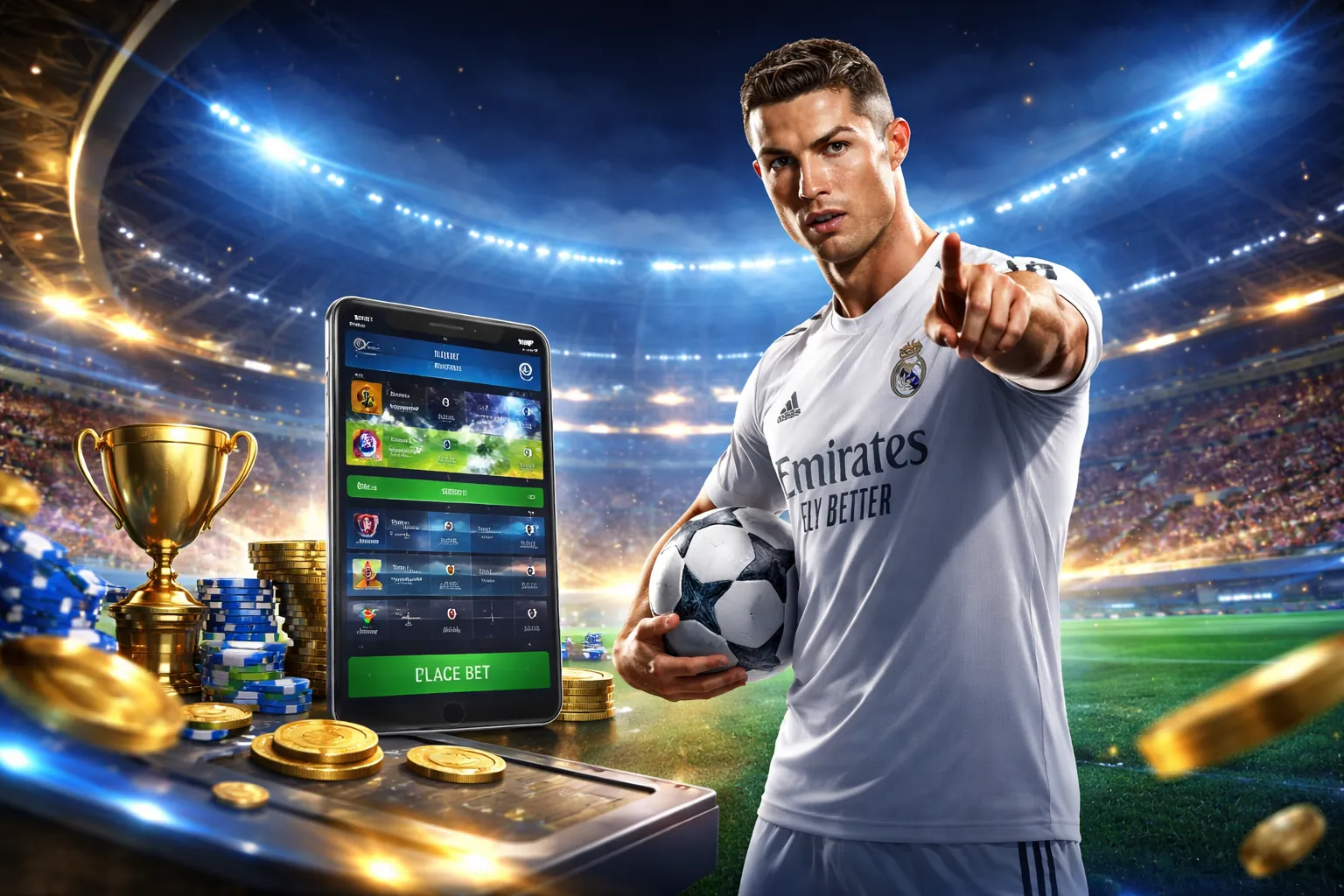 Sân vận động rực rỡ với ánh đèn vàng, biểu tượng cá cược Thể Thao 12bet Mobi